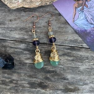 Wire Wrapped Moonstone Green Aventurine Briolette Dangle Earrings - Handmade
